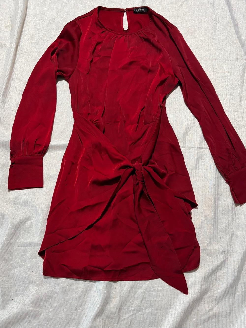 Women’s Red Burgundy Long-Sleeve Wrap Front Dress silky elegant feel